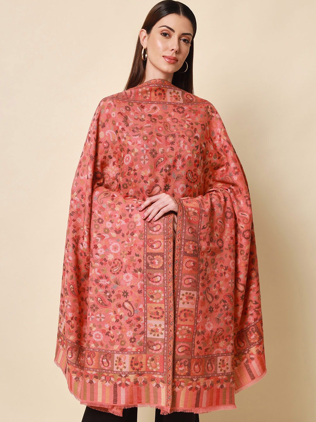 Dhiyona PA Women Pink & Beige Woven Design Shawl