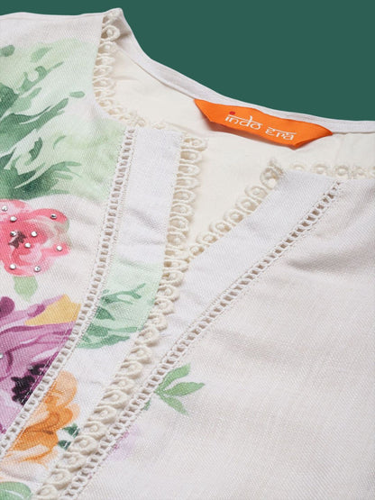 Dhiyona IE Floral Printed Straight Beads and Stones Linen Kurta With Trousers And Dupatta