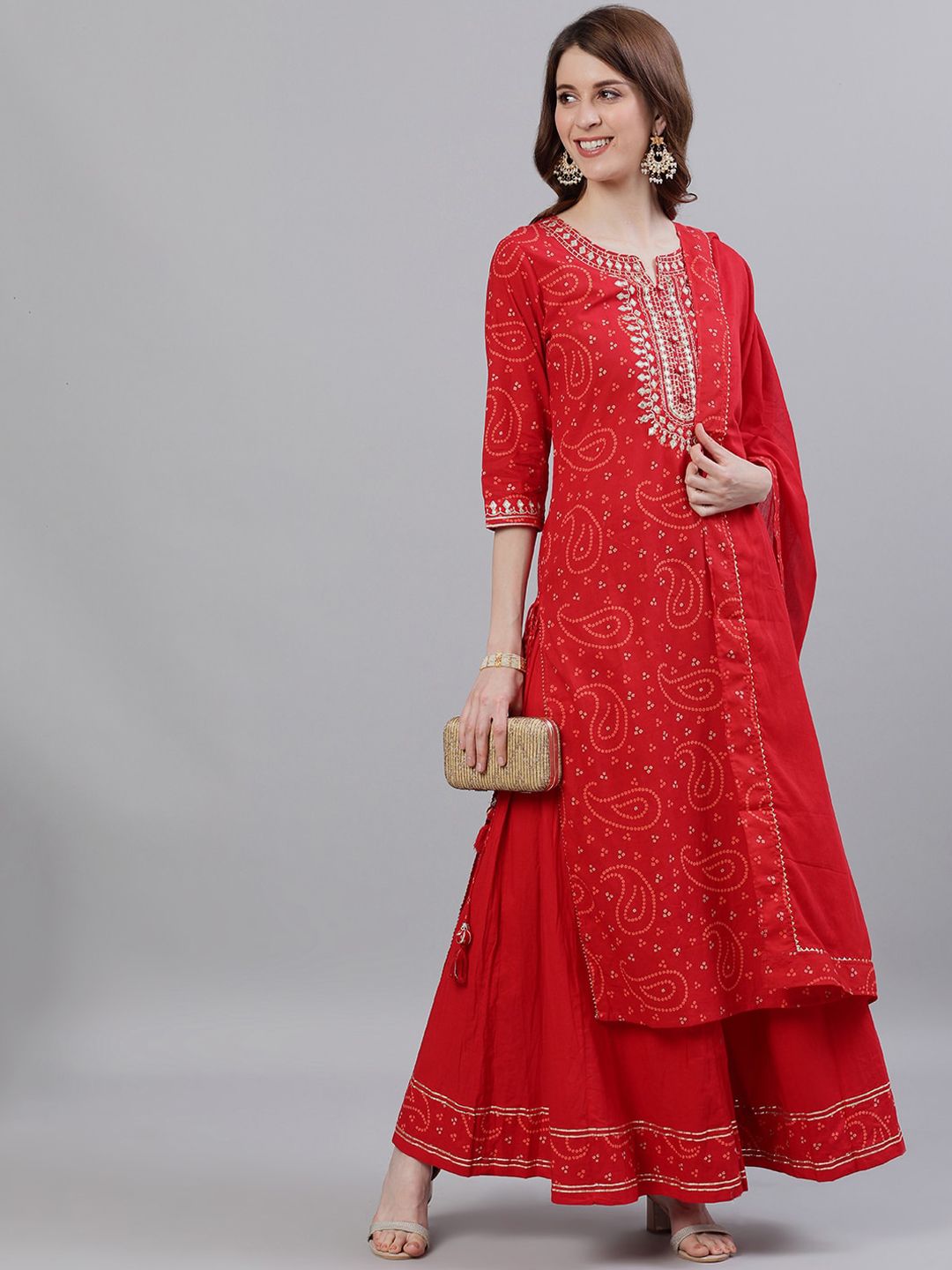 Dhiyona IS Women's Bandhani Printed Gotta Patti Pure Cotton Kurta with Sharara & With Dupatta