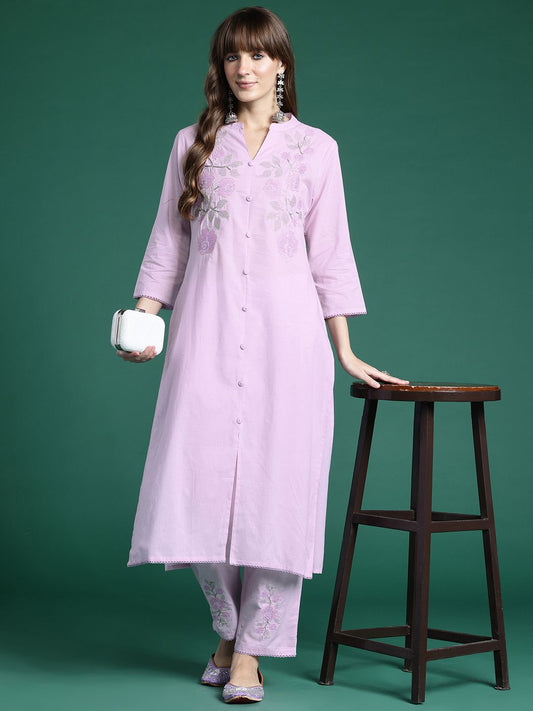 Dhiyona IE Floral Embroidered Thread Work Pure Cotton Kurta with Trousers