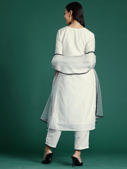 Ethnic Motifs Yoke Design Thread Work Kurta With Trousers & Dupatta