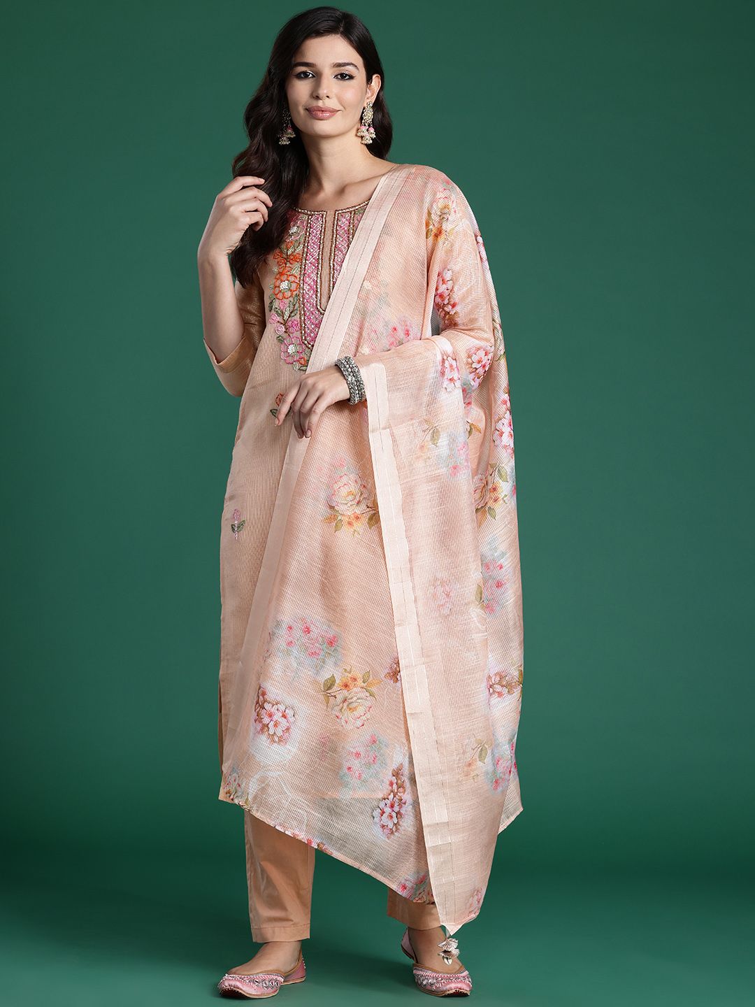 Dhiyona IE Women Floral Embroidered Thread Work Cotton Kurta with Trousers & With Dupatta