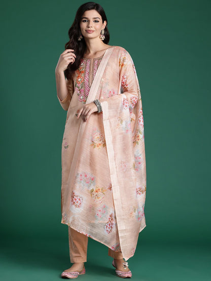 Dhiyona IE Women Floral Embroidered Thread Work Cotton Kurta with Trousers & With Dupatta
