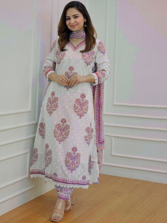 Dhiyona KL Floral Printed Sequinned Detail Pure Cotton A-Line Kurta & Salwar With Dupatta