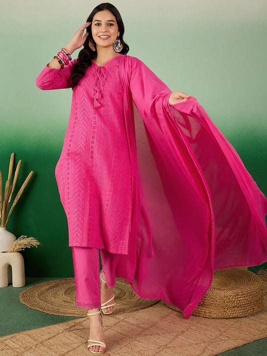 Dhiyona SN Women's Self Design Schiffli Tie-Up Neck Pure Cotton Kurta With Trousers & Dupatta