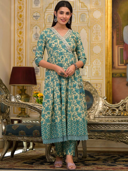 Dhiyona VA Women'sEthnic Motifs Printed Mirror Work Pure Cotton Kurta with Trousers & Dupatta