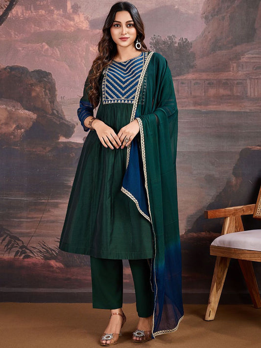 Dhiyona PD Women Floral Yoke Design Sequinned A-Line Kurta & Trousers With Dupatta