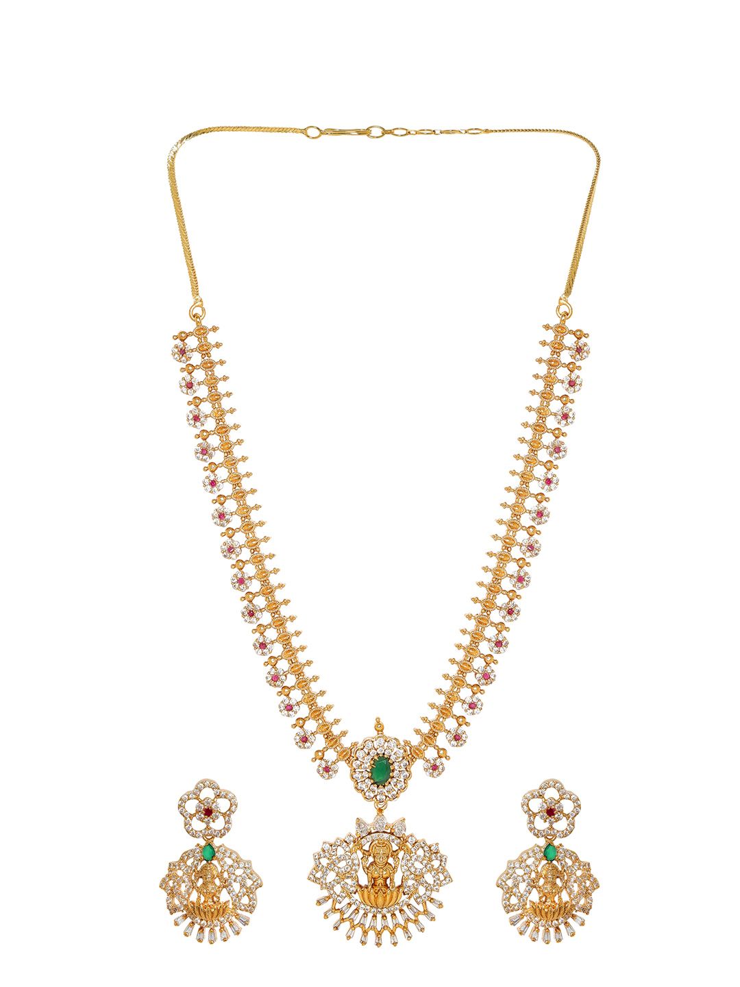Dhiyona RJ Women's 22 KT Gold Plated CZ Emerald-Studded Goddess Lakshmi Jewellery Set