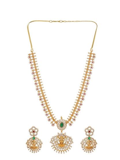 Dhiyona RJ Women's 22 KT Gold Plated CZ Emerald-Studded Goddess Lakshmi Jewellery Set