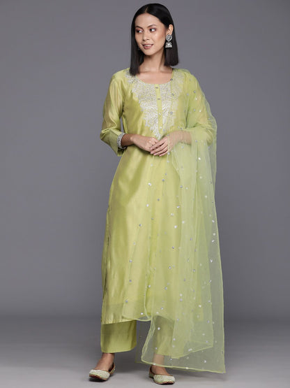 Dhiyona VA Women'sFloral Embroidered Regular Chanderi Silk Kurta with Trousers & Dupatta