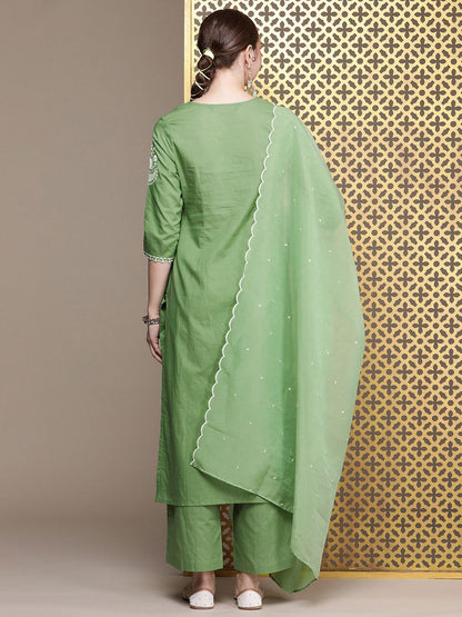 Dhiyona PD Women Jashn Ethnic Motifs Embroidered Pure Cotton Kurta with Palazzos & Dupatta