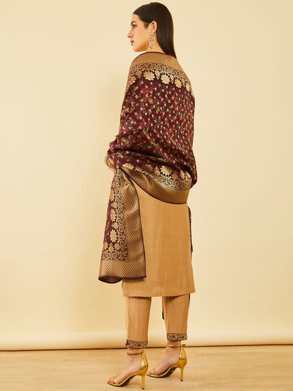 Dhiyona SO Women's Brown Floral Printed Regular Zardozi Straight Kurta With Trousers & Dupatta