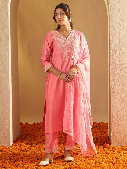 Floral Embroidered Liva V-Neck Straight Kurta With Trousers And Dupatta