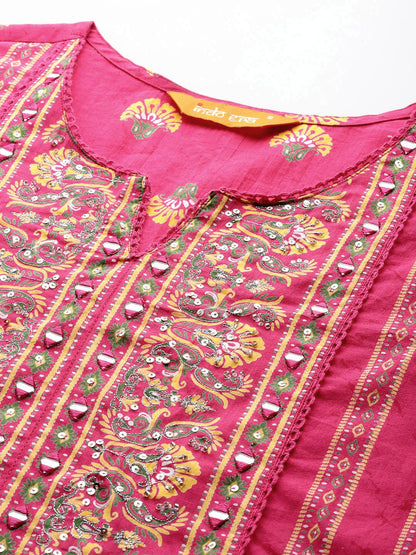 Dhiyona IE Floral Printed Panelled Mirror Work Pure Cotton Kurta Set