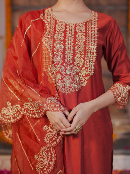 Dhiyona IE Ethnic Motifs Embroidered Liva Straight Kurta With Trousers & Dupatta