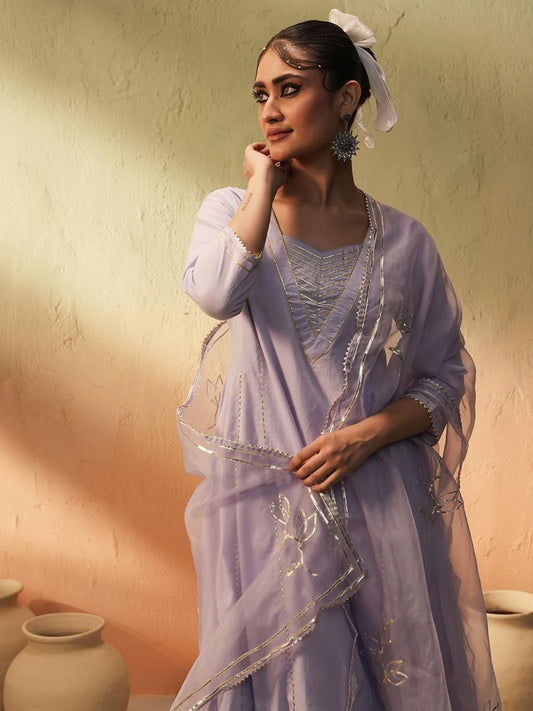 Dhiyona IS Women's Striped Embroidered Gotta Patti Pure Cotton A-Line Kurta With Trousers And Dupatta