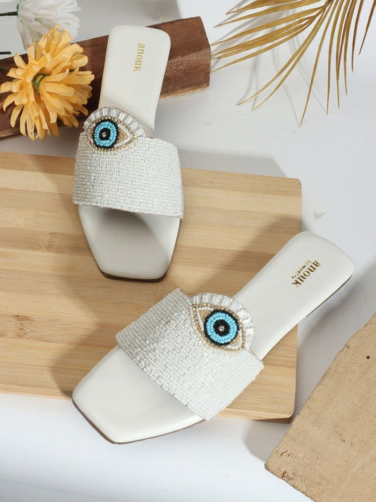 Dhiyona AK White & Blue Evil Eye Embellished Classic Open Toe Flats