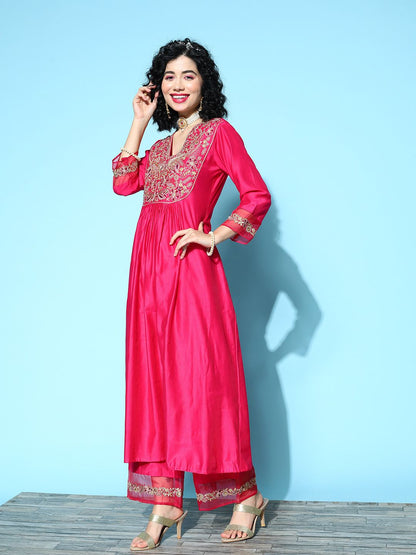 Dhiyona IE Women Fuchsia Ethnic Motifs Embroidered Kurta with Palazzos & With Dupatta