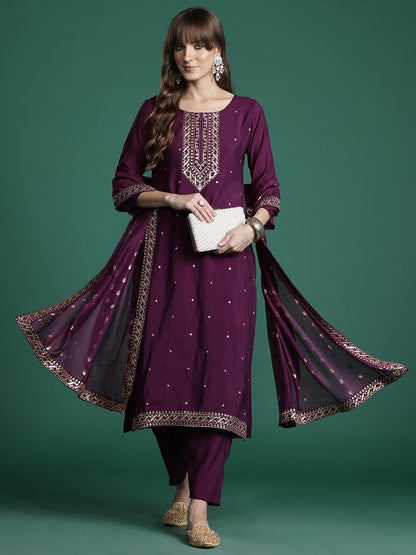 Ethnic Motifs Embroidered Sequinned Kurta with Trousers & With Dupatta