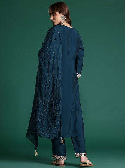 Ethnic Motifs Embroidered Panelled Sequinned Kurta with Trousers & With Dupatta
