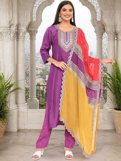 Dhiyona IS Women's Floral Yoke Design Zari Straight Kurta With Trouser And Dupatta
