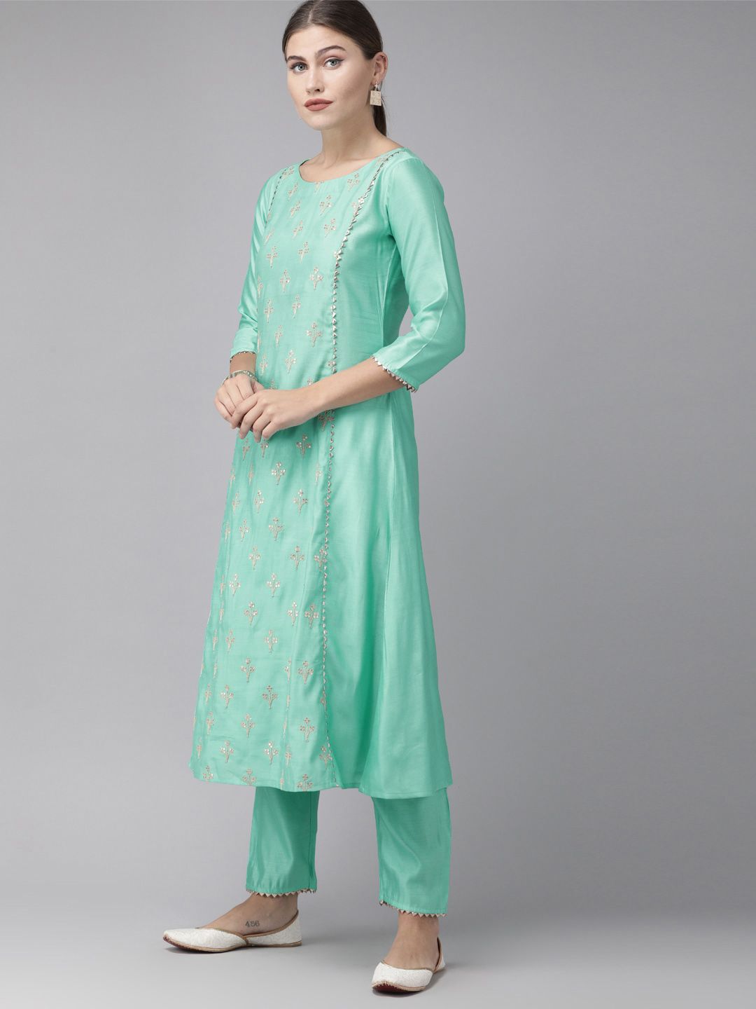 Women Sea Green & Beige Embroidered Kurta with Trousers & Dupatta