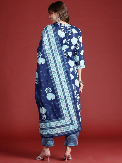 Dhiyona IE Floral Printed Pure Cotton Kurta With Trousers & Dupatta