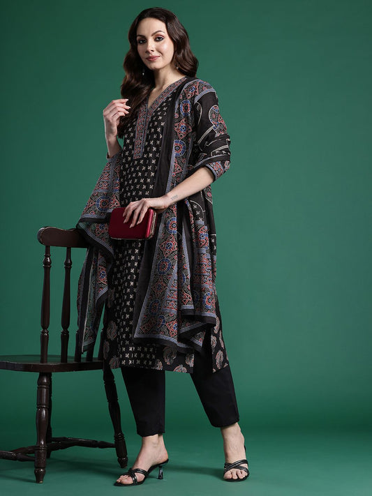 Dhiyona IE Ethnic Motifs Printed Panelled Pure Cotton Kurta with Trousers & Dupatta