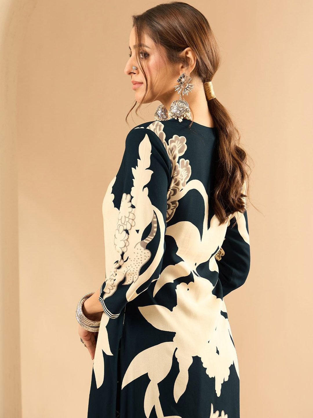 Floral Printed V-Neck Beads and Stones Screen Technique Kurta With Salwar