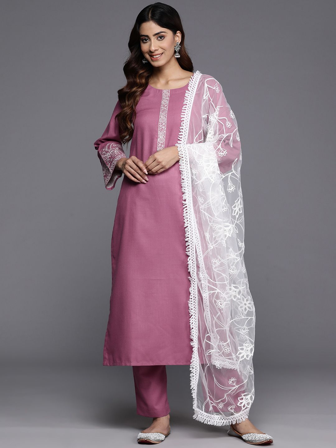 Dhiyona VA Women's Floral Yoke Design Regular Thread Work Kurta with Trousers & With Dupatta