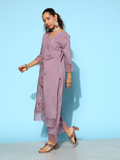 Dhiyona VA Women's Mauve Floral Embroidered Thread Work Kurta With Trousers & Dupatta