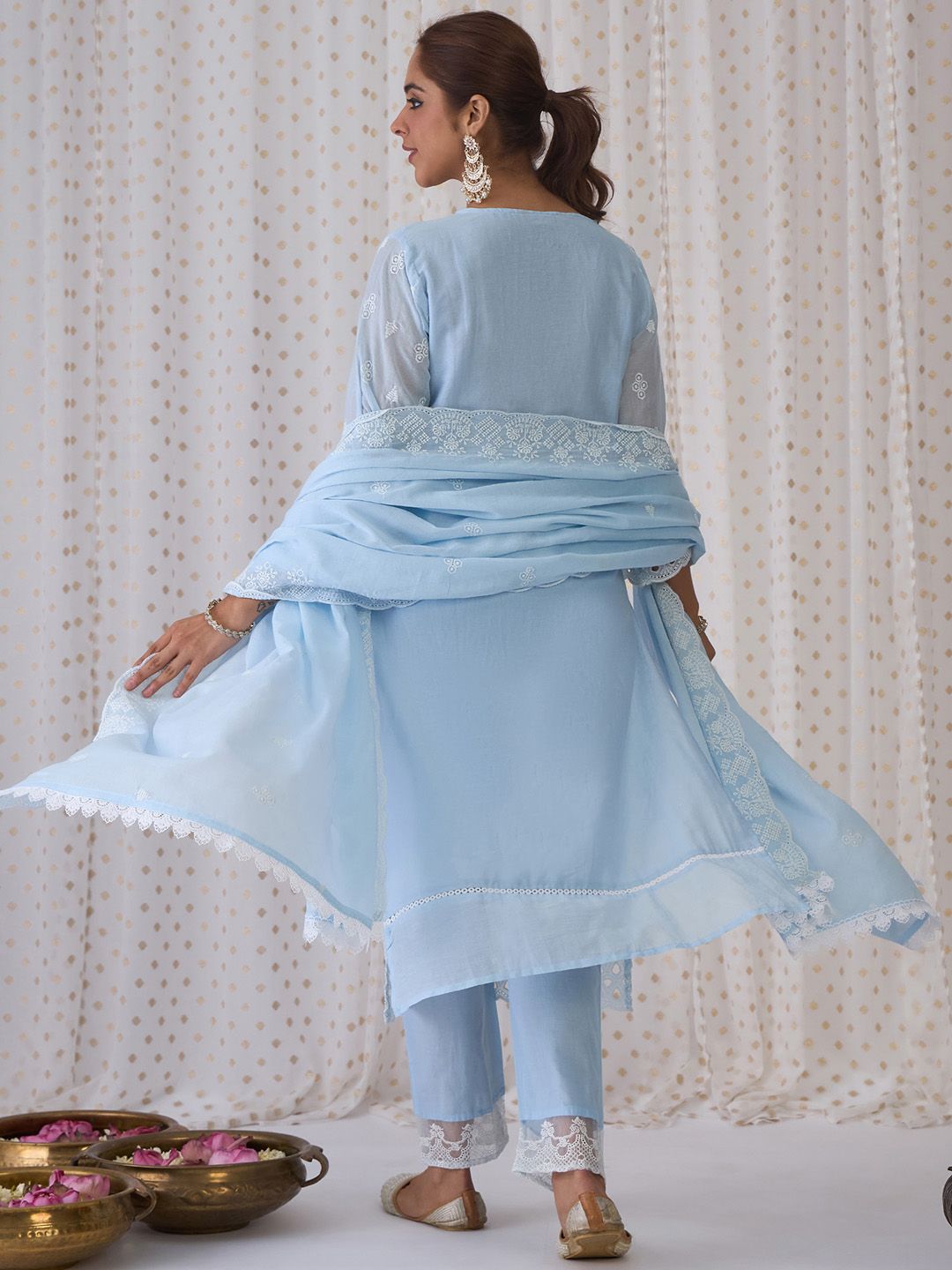 Blue Floral Embroidered Thread Work Pure Cotton Kurta With Trousers & Dupatta