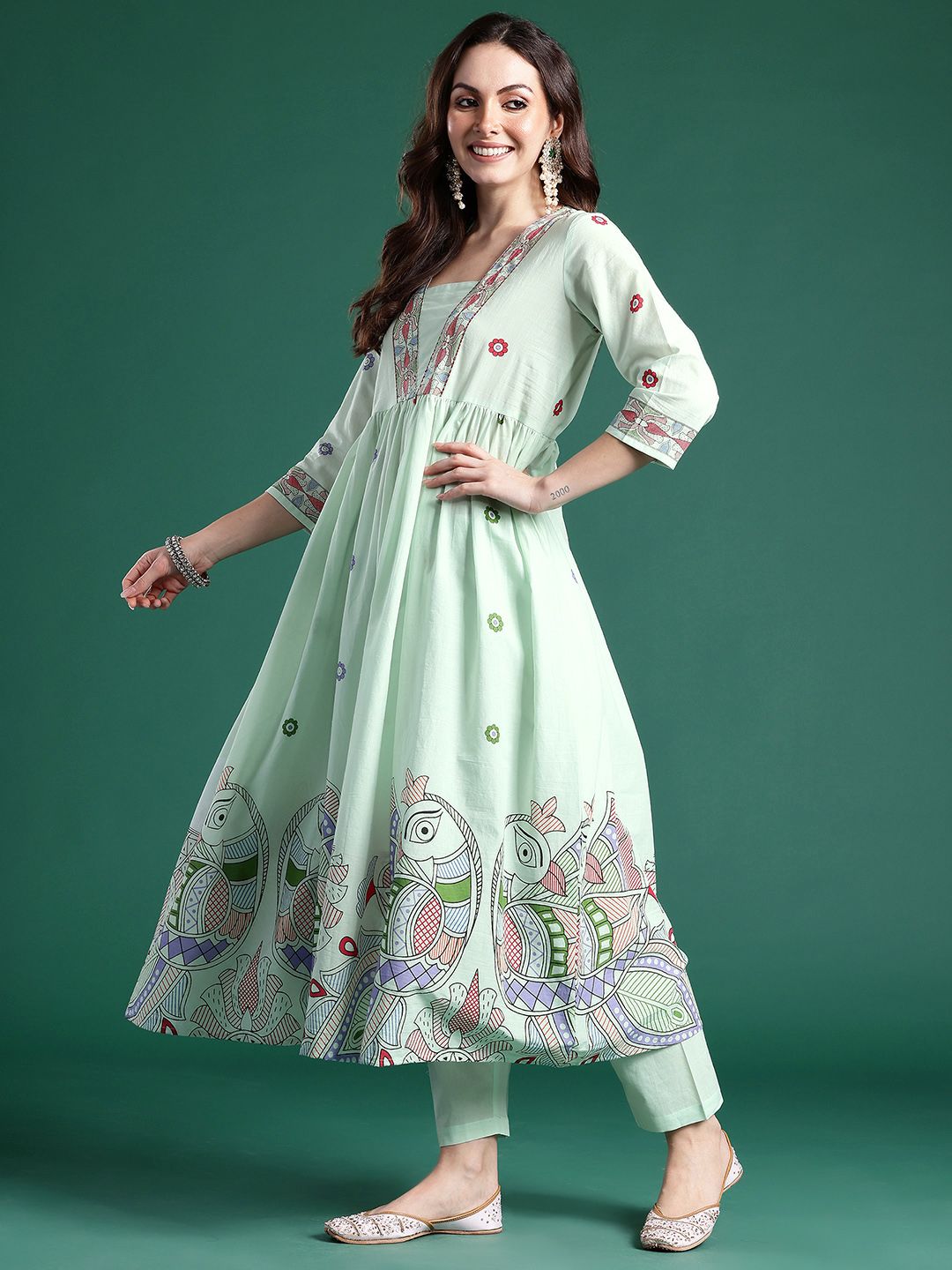 Ethnic Motifs Printed Pleated Pure Cotton Kurta with Trousers & Dupatta