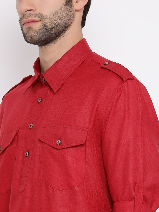 Men's Maroon Cotton Blend Pathani Pathani Kurta Set