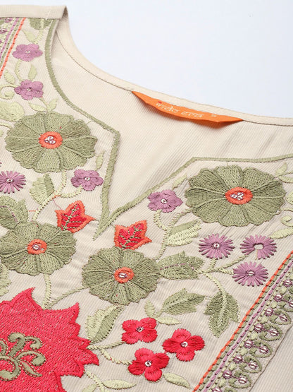 Dhiyona IE Women Floral Embroidered Thread Work Liva Kurta With Trousers