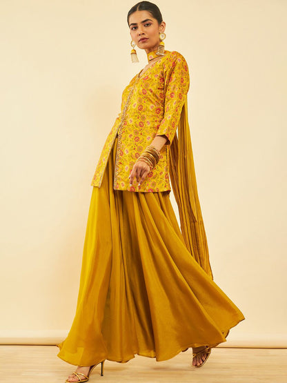 Dhiyona SO Women's Alina Cut Ethnic Motifs Printed Regular Zardozi Kurti with Palazzos & Dupatta