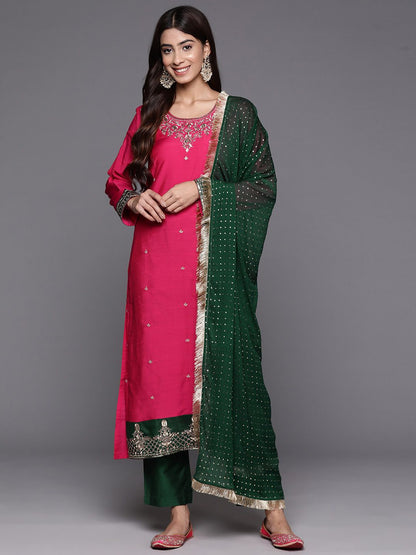 Dhiyona VA Women'sEthnic Motifs Embroidered Straight Kurta & Trousers With Dupatta