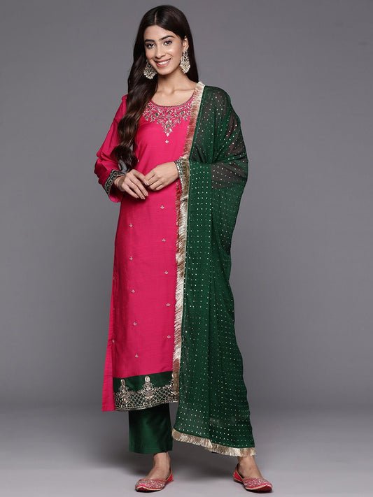 Dhiyona VA Women'sEthnic Motifs Embroidered Straight Kurta & Trousers With Dupatta