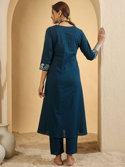 Women Ethnic Motifs Embroidered Pure Cotton Kurta with Trousers