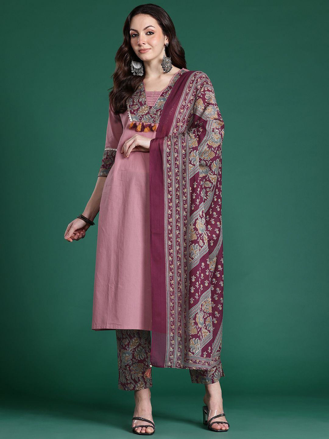 Dhiyona IE Floral Print Pure Cotton Kurta with Trousers & Dupatta