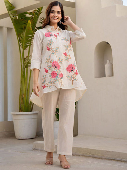 Dhiyona IE Indo era Embroidered Pure Cotton Shirt Collar Top With Trousers Co-Ords Set