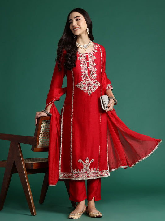 Dhiyona IE Ethnic Motifs Embroidered Kurta with Trousers & With Dupatta