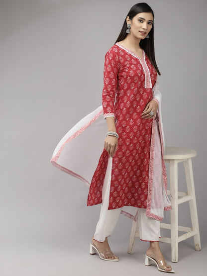 Women Red & White Ethnic Motifs Printed Kurta with Palazzos & With Dupatta