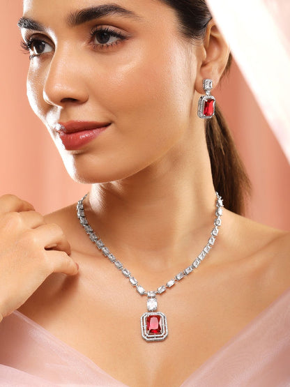 Dhiyona RJ Women's Rhodium-Plated Ruby Red & White Cubic Zirconia Studded Necklace Set