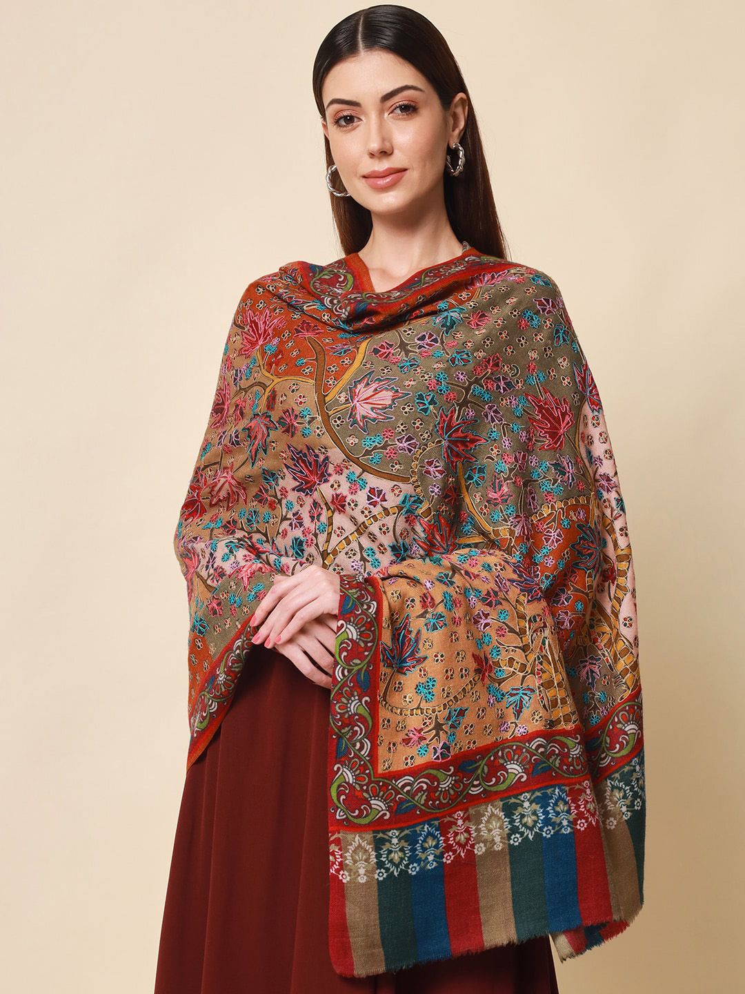 Dhiyona PA Women Beige Embroidered Pure Wool Shawl