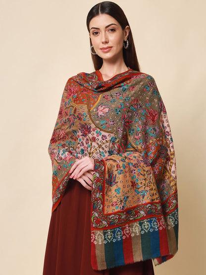 Dhiyona PA Women Beige Embroidered Pure Wool Shawl