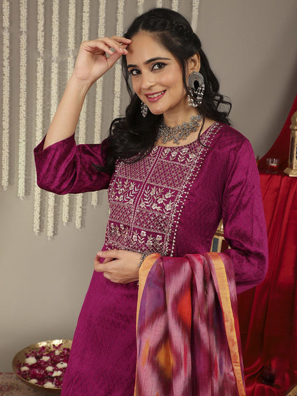Dhiyona VA Women's Magenta Ethnic Motifs Yoke Design Kurta with Trousers & With Dupatta