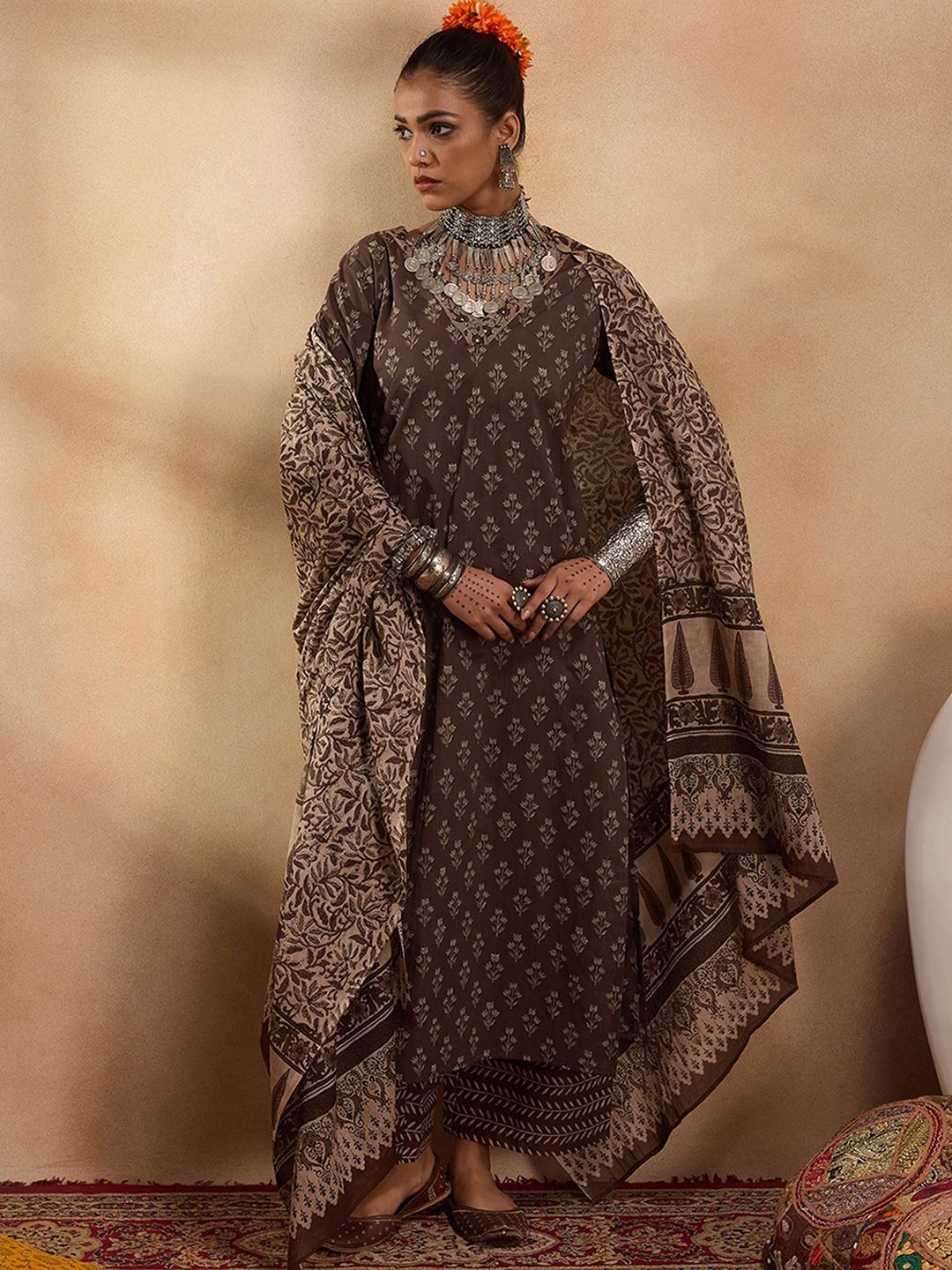 Dhiyona IE Ethnic Motifs Printed Pure Cotton Straight Kurta with Palazzos & Dupatta