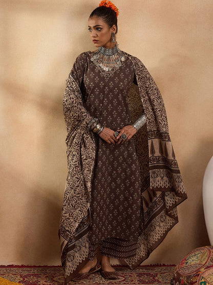 Ethnic Motifs Printed Pure Cotton Straight Kurta with Palazzos & Dupatta