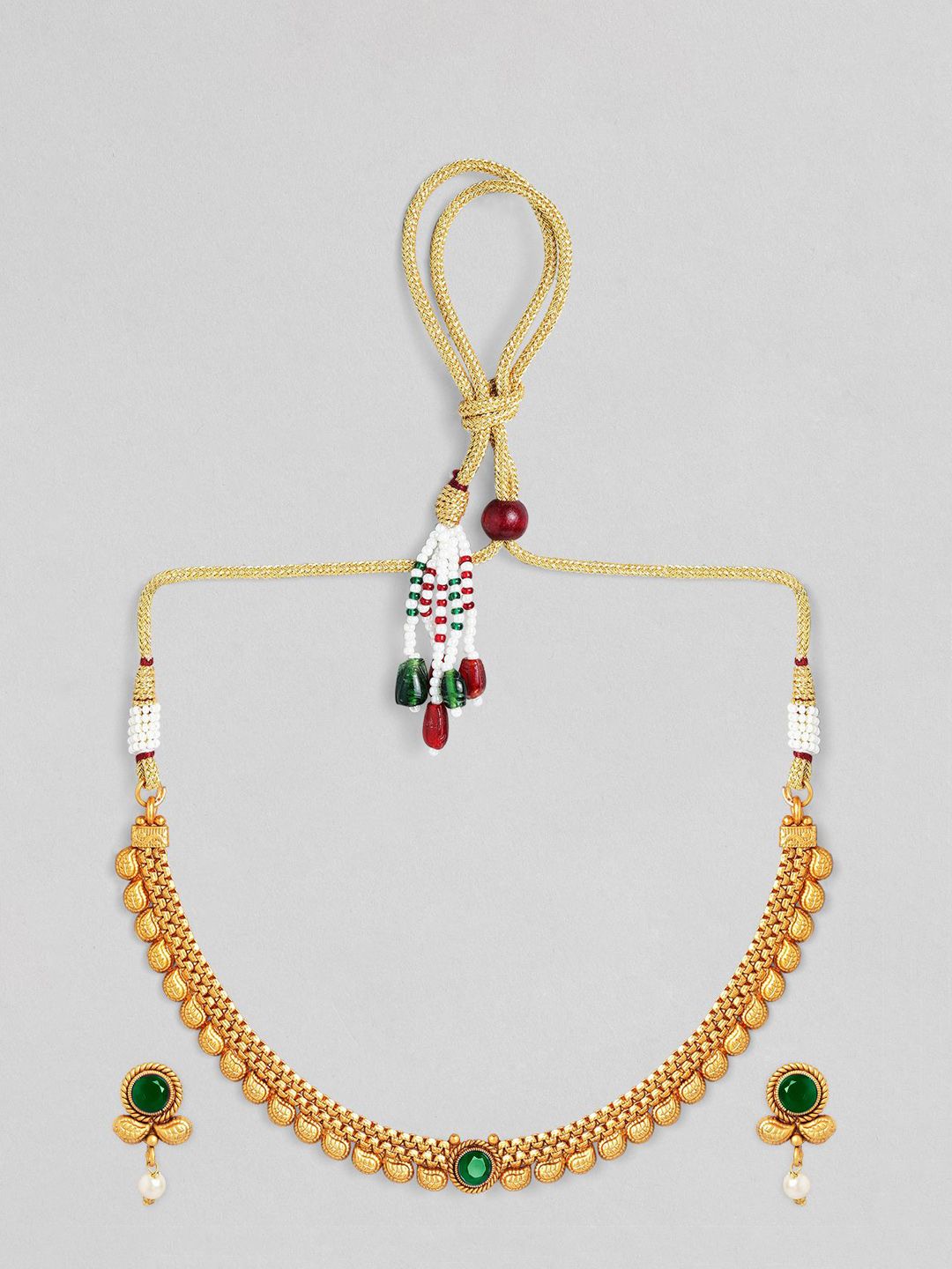 Dhiyona RJ Women's 22K Gold-Plated Dark Emerald Green Stone & Pearl Beaded Traditional Necklace Set